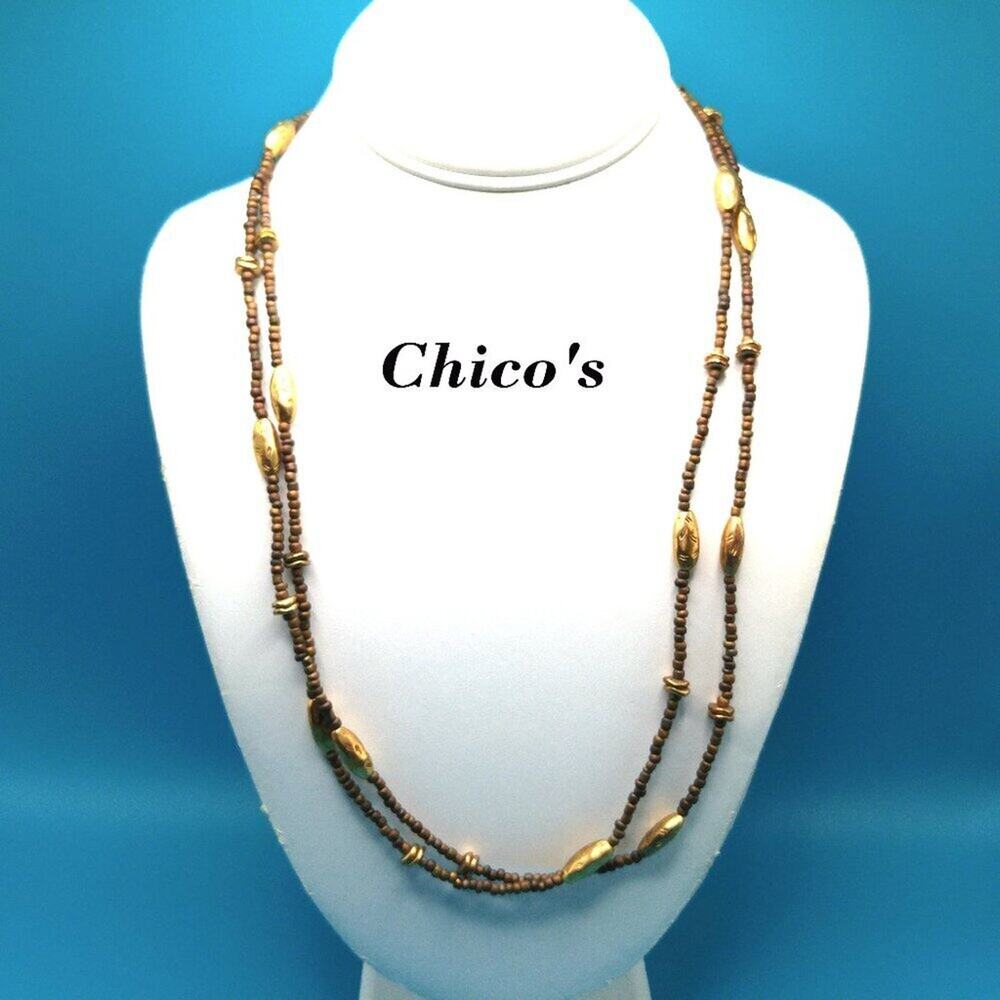 Chico's Long Beaded Necklace, Natural and Gold Tone Beads, 47 Inches, Layering